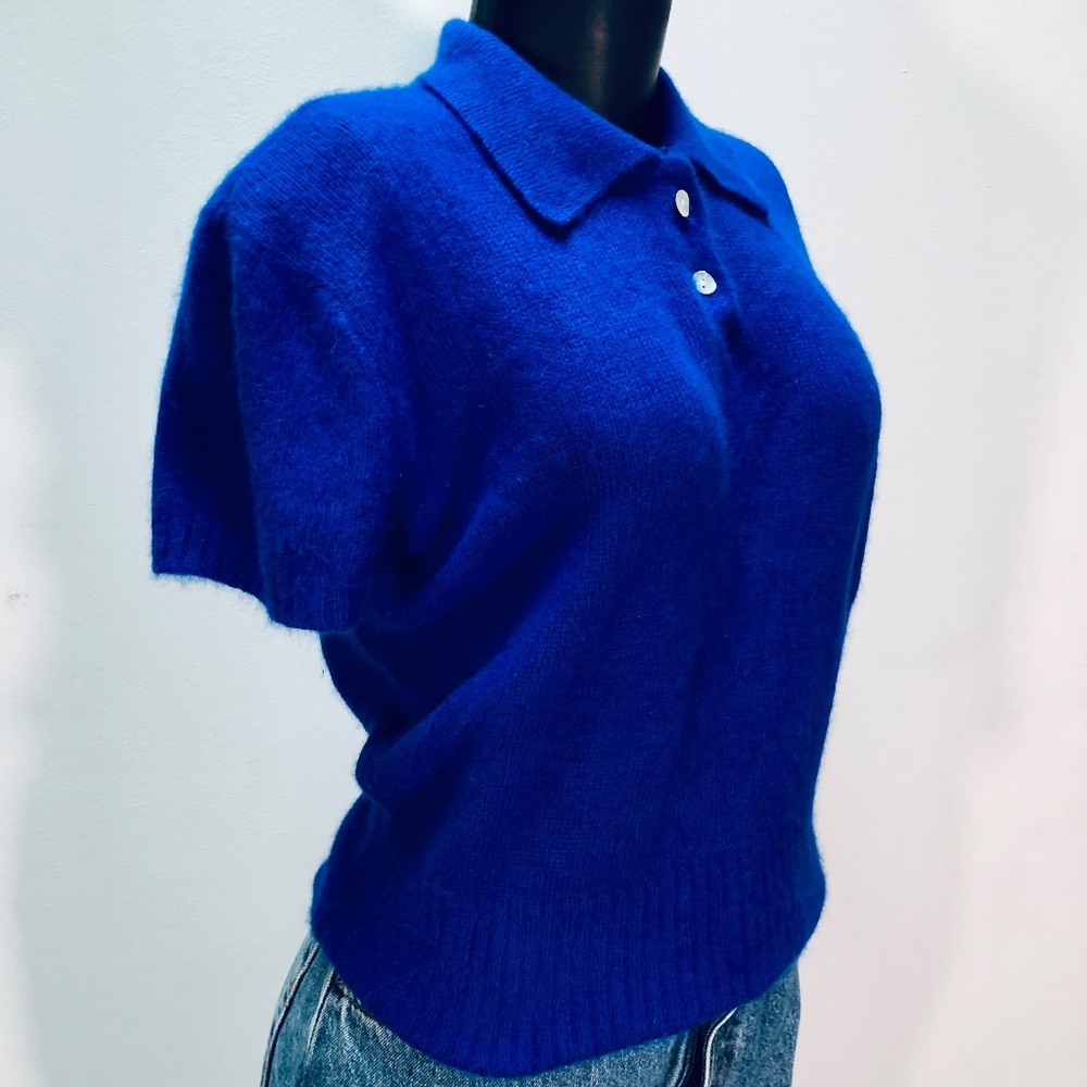 90's Preppy 'The Limited' Blue Angora Short Sleeve Polo Sweater Top M